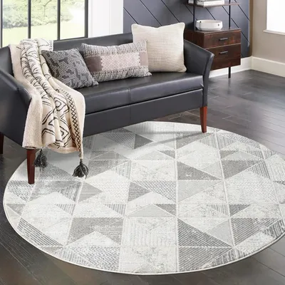 Produktbild von Teppich Wohnzimmer Kurzflor - Grau - 160 cm Rund - Klassisch Modern Geometrisches Muster
