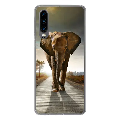 Produktbild von MuchoWow® Handyhülle Schutzhülle Hülle für Huawei P30 Elefant - Straße - Tiere - Sonnenuntergang - Landschaft Silikon Softcase Handy Hülle - Kartenbesitzer