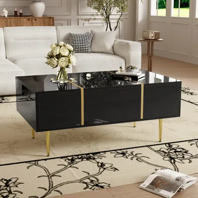 Produktbild von MODFU Hochglanz Couchtisch Schwarz Beistelltisch Rechteckiger Wohnzimmertisch mit 2 Schubladen Sofatisch für Wohnzimmer, 19,5 cm Bodenfreiheit