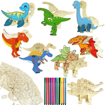 Produktbild von Bastelset Kinder 28 Teile 3D Holzpuzzle Dinosaurier mit 12 Stiften ab 4 Jahre