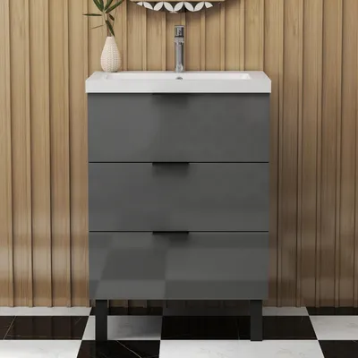 Produktbild von Badmöbel Set Hochglanz Dunkelgrau 60cm Mineralguss Waschbecken mit Unterschrank Badezimmermöbel mit 3 Schubladen und 2 Füßen Hängeschrank