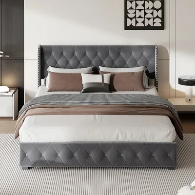 Obrázek produktu pro Čalouněná postel – postel s úložným prostorem a čelem – 140 × 200 cm – sametový potah – rošt – kovový rám – s úložným prostorem – bez matrace