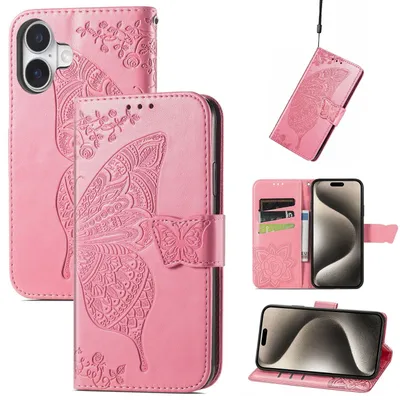 Produktbild von Für Apple iPhone 16 Kunstleder Wallet Handy Tasche Schmetterling Design Hülle Etuis Pink