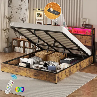 Produktbild von Flieks Metallbett, Braun, 180x200cm, mit USB, LED, hydraulischem Stauraum, 214.5 x 180 x 106.5 cm (L x B x H), 220kg