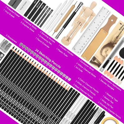Produktbild von 70-teiliges Skizzen-Set - Professionelle Zeichenutensilien für Künstler und Kinder - einschließlich 3-Farben Skizzenbuch, Graphit- und Kohle-Stifte