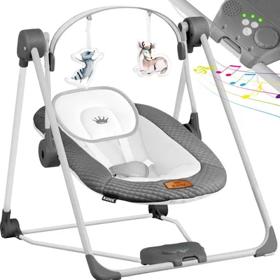 A baby swing with toys and musical notes depicted around it.