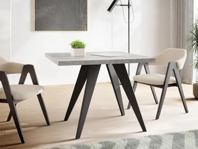 Produktbild von Quadratischer Ausziehbarer Esstisch Quadro 100-200 cm - Industrial Esszimmertisch mit Schwarzen Holzbeinen für 4-8 Personen - Loft-Stil Küchentisch - Grauer Beton