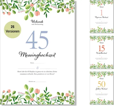 Produktbild von Frank Paperman® | 45 Hochzeitstag | Ehejubiläum | Messing Hochzeit | Urkunde Hochzeitstag | floral | Vordruck im DIN-A4-Format