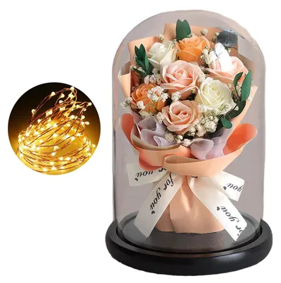 Produktbild von Künstlicher Rosenstrauß mit LED-Beleuchtung und Glaskuppel – Ewige Blumendekoration – Geschenk für Frauen, Ehefrauen, Freundinnen, Jahrestag, Valentinstag, Muttertag