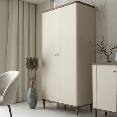 Produktbild von Forte LACETTI Kleiderschrank 100, moderner Schrank mit Skandi Lamellen Design, 2-türig, Schlafzimmer, Kaschmir | Beige mit Valencia Eiche Holzdekor, 100,1 cm breit x 200,5 cm hoch x 52,7 cm tief