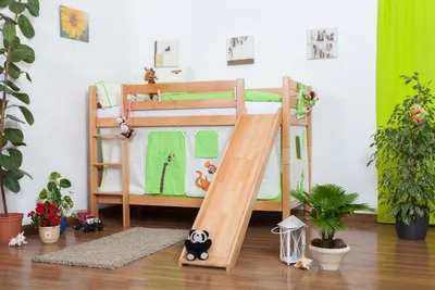 Produktbild von Kinderbett Etagenbett Moritz Buche Vollholz natur massiv mit Rutsche inkl. Rollrost - 90 x 200 cm, teilbar