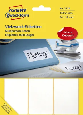 Obrázok produktu pre Avery Zweckform® 3334 3334 Univerzálne etikety - 66 x 38 mm, biele, 174 etikiet/29 listov, permanentné