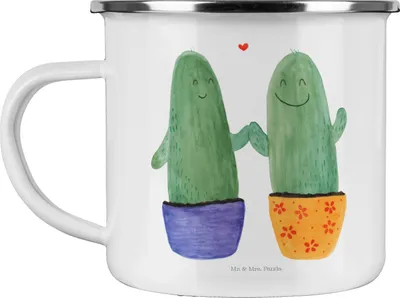 Produktbild von Mr. & Mrs. Panda Teetasse Kaktus Liebe - Weiß - Geschenk, Kaffeepott, Pärchen, Kakteen, Teebecher, Hochzeit, Pott, Motivtasse, Emaille Tasse, Streit, Love