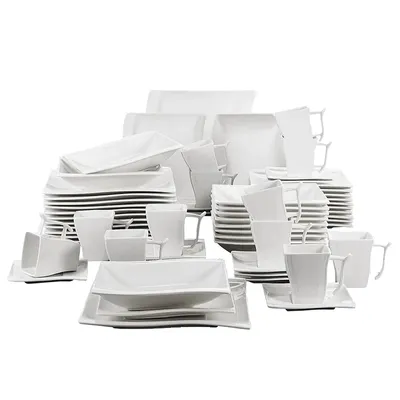 Zdjęcie produktu dla Porcelanowy zestaw naczyń, minimalistyczny design, bezpieczny dla piekarnika i kuchenki mikrofalowej, idealny dla 12 osób, 60 elementów