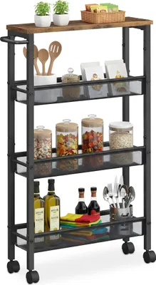 Produktbild von Relaxdays Nischenwagen, HBT: 77 x 13 x 45,5 cm, schmales Nischenregal Bad & Küche, 4 Ebenen, Metall, braun/schwarz