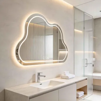 Image de Miroir de salle de bain LED Zimilo en forme de nuage, avec variateur d'intensité et 3 couleurs de lumière, anti-buée, interrupteur tactile, miroir mural HD de 5 mm pour salle de bain, dimensions 60x80 cm