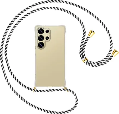 Produktbild von Handykette Backcover-Schutzhülle mit Band (Metall goldfarben) für Samsung S25 Ultra - schwarz/weiß gestreift
