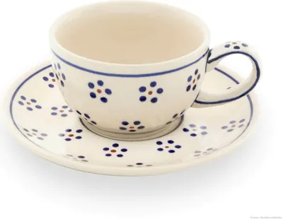 Produktbild von Original Bunzlauer Keramik Kaffeetasse Teetasse Ø9,8 cm klassisch 200 ml mit Unterschale Ø16 cm im Design 1