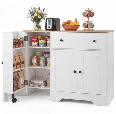 Produktbild von COSTWAY Küchenschrank, Sideboard auf Rollen, Buffetschrank mit Schublade, Regal, 2 Türen & Arbeitsplatte, Aufbewahrungsschrank, 105x40x83 cm, Weiß