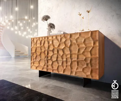 Produktbild von DELIFE Sideboard Solu 145 cm Akazie Natur 2 Türen 3 Schübe Fuß schwebend Metall Schwarz 3D-Front