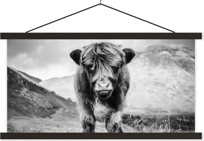 Produktbild von MuchoWow® Textilposter Schottisches Hochlandrind - Berg - Schwarz - Weiß 150x75 cm mit schwarzem Rahmen - Posterleiste