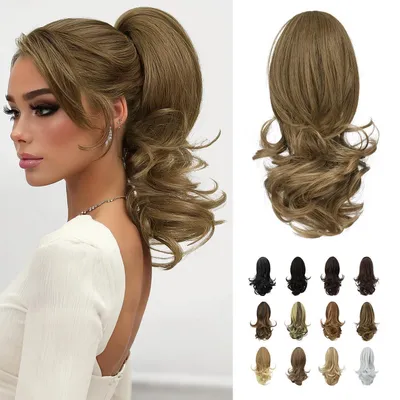 Productafbeelding van Haarverlenging, paardenstaart, krullend, clip-in, 33 cm, synthetisch, in de kleuren goudbruin tot asbruin