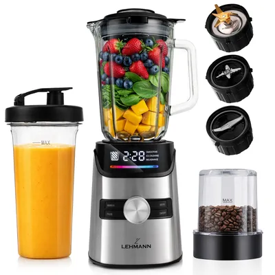 Immagine prodotto di Potente frullatore a bicchiere Lehmann Senso 2000W in vetro da 1,7L | Frullatore per smoothie e cocktail di ghiaccio | 2x bicchieri da viaggio Macinacaffè | Acciaio inossidabile Lame dorate