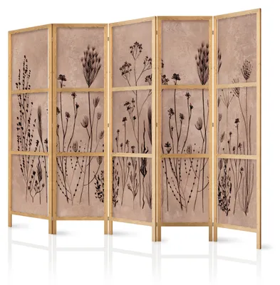 Immagine prodotto di Pannello divisorio giapponese, 5 ante, pieghevole, realizzato in tessuto non tessuto di alta qualità, motivo retrò con piante, ideale per la camera da letto, dimensioni 225 cm x 172 cm