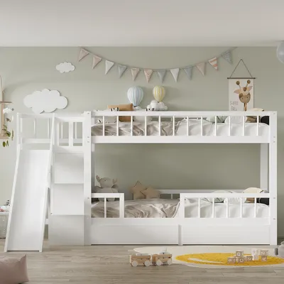 Produktbild von Hausbett mit Rutsche und Treppen 2 Schubladen magnetischer Tür Kinderbett Doppelbett Etagenbett 90*200cm Weiß