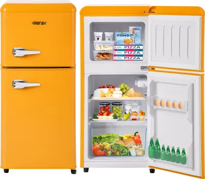 Produktbild von Merax Retrokühlschrank Kühl-/Gefrierkombination BCD-86, Vintage Kühlschrank, verstellebare Ablage und Füße, Doppeltür und LED, 87 cm hoch,60 L, Gelb