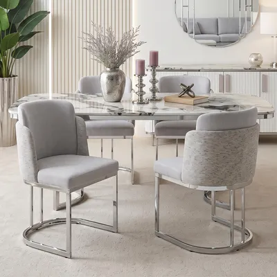 Immagine prodotto di Set di 2 sedie da pranzo MODFU, sedia da cucina con schienale doppio, poltrona relax con design tridimensionale, poltrona imbottita in chenille, grigio chiaro + argento