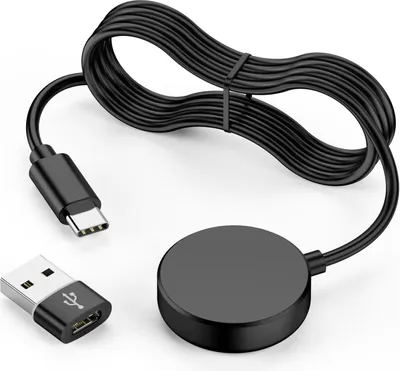 A black USB-C charging cable with a circular magnetic charging puck and a USB-A adapter on a white background.