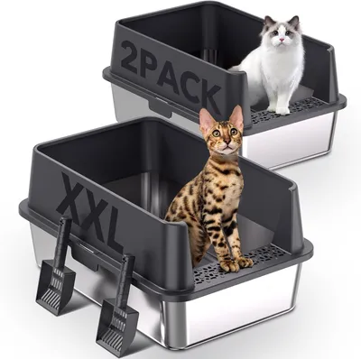 Productafbeelding van Kattenbak XXL - set van 2 - roestvrij staal - 60 x 40 x 30 cm - 37 l - open kattenbak met hoge rand