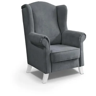 Produktbild von Ohrensessel LEONARDO Relax Sessel für Wohnzimmer, Polstersessel, Velours Dunkelgrau, Holzbeine Weiß