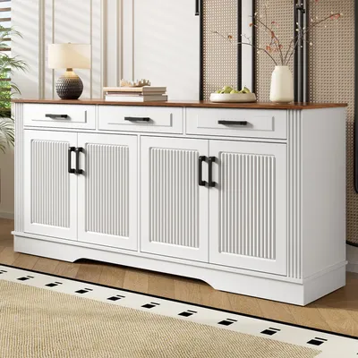 Produktbild von STILVORA Sideboard mit 3D-vertikalen Streifen und 4 Türen,Kommode für Flur, Wohnzimmer und Esszimmer,Wohnzimmerschrank Weiß mit 3 Schubladen
