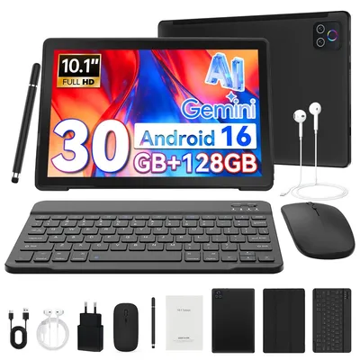 Obrázek produktu pro 10palcový tablet, 30 GB RAM, 128 GB, Android 16, s klávesnicí, stylusem, myší, sluchátky a pouzdrem
