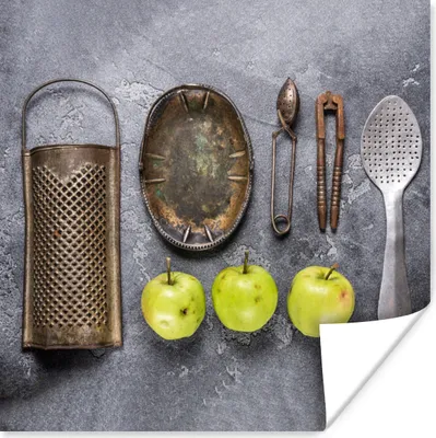 Produktbild von MuchoWow® Poster Apfel - Küchenutensilien - Küchengeräte 50x50 cm - Wohnzimmerdekoration