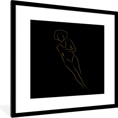 Produktbild von MuchoWow® Gerahmtes Poster Frau - Gold - Schwarz - Strichzeichnung 40x40 cm - Poster mit Schwarzem Bilderrahmen Wandposter Rahmen Foto Bilder - Poster - Plakat im Rahmen