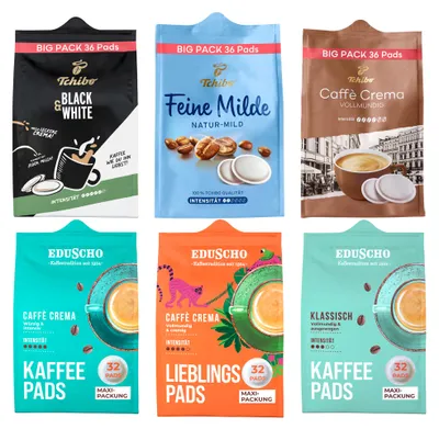 Produktbild von Tchibo Eduscho Kaffeepadmix Probierset Vielfaltspaket, Feine Milde, BLACK&WHITE, Caffè Crema, Lieblingspads & Klassisch, 204 Stück – 3x 36 Pads & 3x 32 Pads, nachhaltig, geeignet für Senseo Maschinen