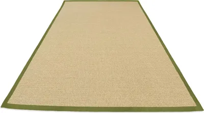 A rectangular rug with a beige woven texture and a green border is shown from a diagonal perspective against a white background.