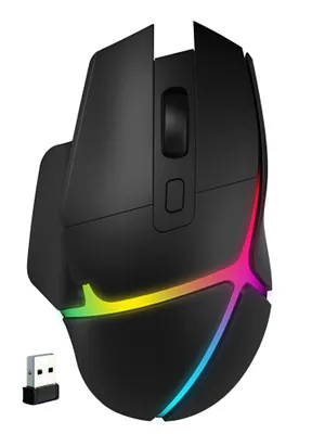 A black wireless gaming mouse with RGB lighting and a USB receiver.