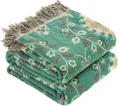Produktbild von Doppelseitige Boho-Decke mit Fransen, 230x250 cm, 100% Baumwolle, umkehrbar, mit Blumenmuster, Grün/Beige