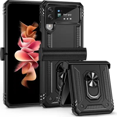 Obrázek produktu pro Pouzdro pro Samsung Galaxy Z Flip 3 5G, dvouvrstvé robustní, vojenská ochrana, s ochranou pantu, držákem prstenu a stojánkem černé