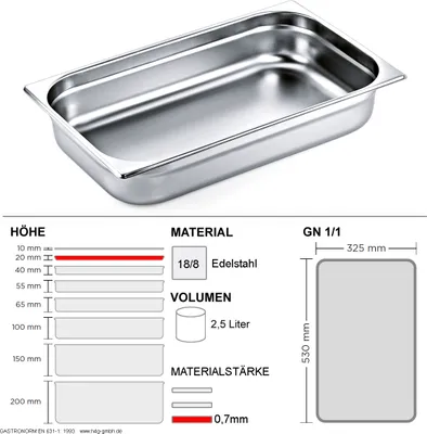 Image de Récipients Gastronorm GN 1/1 - 20mm - GN90 - 18/8 Acier inoxydable - 0,7mm