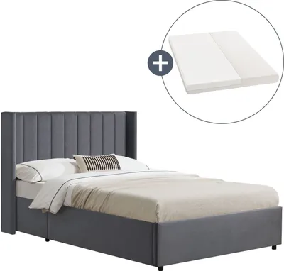 Produktbild von Juskys Polsterbett Savona 120x200 cm mit Matratze - Bett mit Stauraum, Samt-Bezug - Bettgestell aus Holz, bis 250 kg, großes Kopfteil - Dunkelgrau