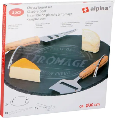 Produktbild von Alpina - 30cm 3tlg. Käseservice-Set Tablett, Messer und Hobel Servierplatte aus Schiefer