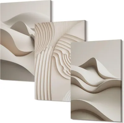Produktbild von Wandbild – Leinwandbild – Leinwandbilder – Polycanvas – Kunstdruck – Modern – Panorama – Mehrteilig – 3-Teilig Set – Hochwertig – Lichtecht – Geruchslos – 40x60 Cm Je Element - Abstrakte Wellen und Strukturen in Beigetönen