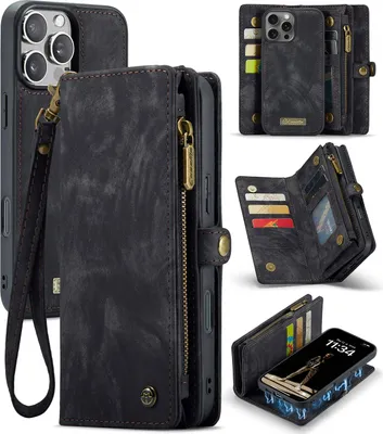 Produktbild von Caseme Handy Tasche für iPhone 16 Pro - Schutzhülle Geldbeutel + Etui KlappHülle Kunstleder Schwarz
