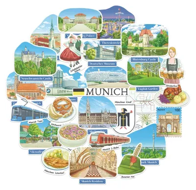 Reise-Sticker München, 28 St., matt, handillustriert, gestanzt