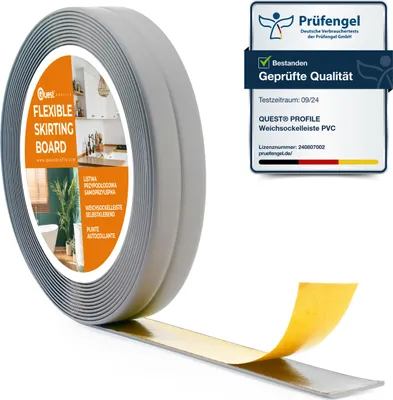 A roll of flexible grey skirting board with adhesive backing is shown, with a certification label in the background.